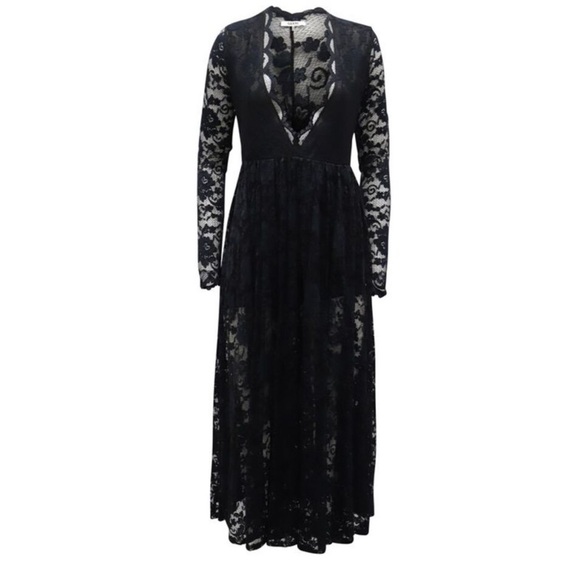 Ganni Deep Neckline Lace Midi Dress in Black Polyamide Blend - Picture 1 of 3